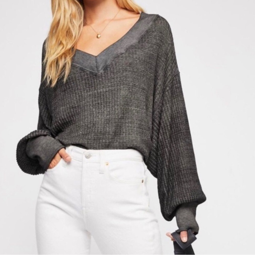 We The Free Southside Thermal‎ Top XS Grey Dolman Sleeves V Neck Waffle Knit